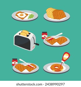 toast with strawberry and cherry flavored jam spread Icon in toaster pops on plate vector. Crunchy toasted bagel and yellow cheese and ketchup. Fried egg on brown bread and peas. breakfast flat design