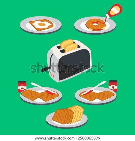 toast with strawberry and cherry flavored jam spread Icon in toaster pops on plate vector. Crunchy toasted bagel and yellow cheese and ketchup. Fried egg on brown bread and peas. breakfast flat design