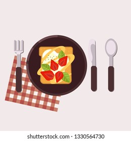 Toast with strawberry and cream cheese served on a plate with fork, knife, spoon and napkin. Healthy food. Vector illustration.