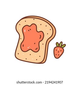 Toast mit Erdbeermarmelade einzeln auf weißem Hintergrund. Vektorhandgezeichnete Illustration im Doodle-Stil. Ideal für verschiedene Designs, Karten, Dekorationen, Logo, Menü, Rezepte.