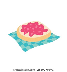 Toast with strawberry jam on a plaid napkin. Flat style sweet snack vector illustration