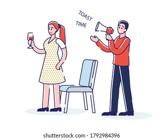 Tiempo de tostada durante el evento de celebración. Aniversario o anfitrión de una fiesta de boda pidiendo a la gente que haga tostado. Banquete corporativo o fiesta de cumpleaños. Ilustración vectorial lineal de dibujos animados
