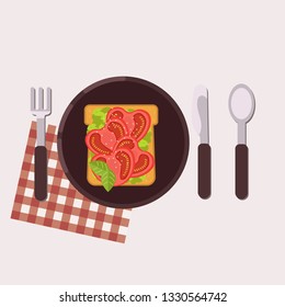 Toast with tomato and avocado served on a plate with fork, knife, spoon and napkin. Healthy food. Vector illustration.