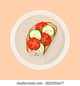 Toast with tomatoes and cucumbers. Bitten toast with fresh tomatoes, cucumbers and sesame seeds on a plate. Vegetarian sandwich, for breakfast, lunch, snack. Colorful vector illustration.
