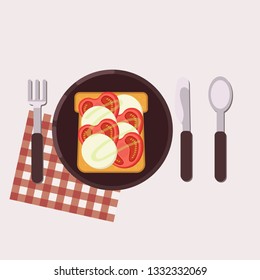 Toast with tomatoes and mozzarella served on a plate with fork, knife, spoon and napkin. Healthy food. Vector illustration.