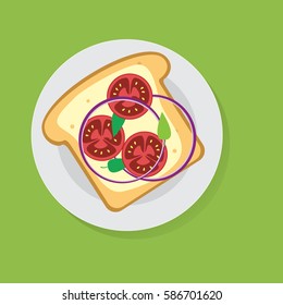 Toast with tomatoes and onion on the plate. Flat icon vector illustration design.