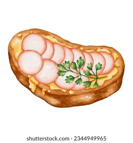 The toast is topped with fruit. It is an illustration in watercolor style.