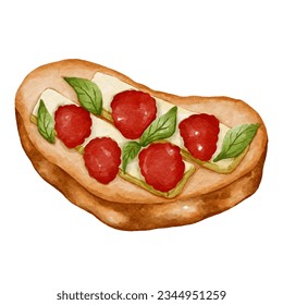 toast topped with strawberries and cheese, in a watercolor-style drawing