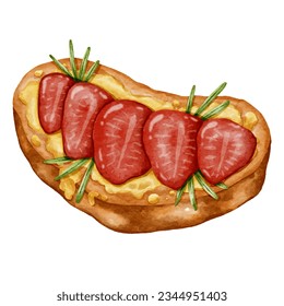 The toast is topped with Strawberry. It is an illustration in watercolor style.