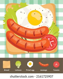 Toast with toppings egg fired, tomato,  sausage and lettuce