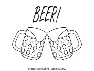 
Toast with two mugs of beer in black outline on a white background and the word Salud