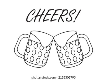 
Toast with two mugs of beer in black outline on a white background and the word Salud