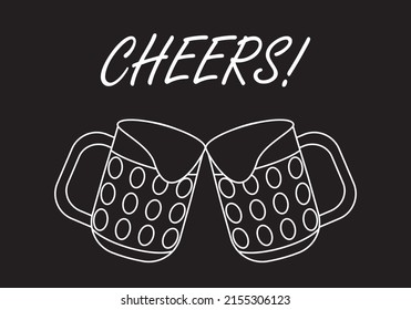 
Toast with two mugs of beer in white outline on a black background and the word Salud