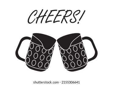 
Toast with two mugs of beer in white outline on a white background and the word Salud