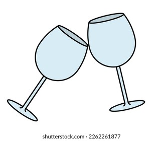 Toast. Two wine glasses collide with each other. The sound of crystal glasses. Color vector illustration. Cartoon style. Isolated background. Fragile blue utensils. Idea for web design, postcards