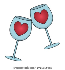 Toast. Two wine glasses decorated with hearts. The ringing of crystal wine glasses. Colored vector illustration. Isolated white background. Valentines Day. Fragile holiday dishes. Festive print. 