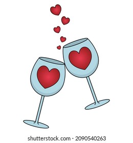 Tostadas. Dos vasos de vino decorados con un corazón rojo. El canto de los vasos de vino de cristal. Los corazones vuelan. El sonido del amor. Ilustración vectorial coloreada. 