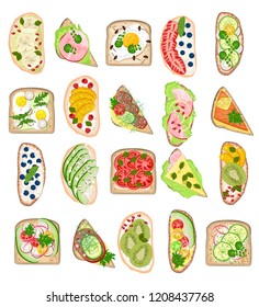 Toast vector healthy toasted food with bread cheese vegetables egg snack for breakfast illustration set of delicious sandwich with sliced tomato and cut sausages fruits isolated on white background
