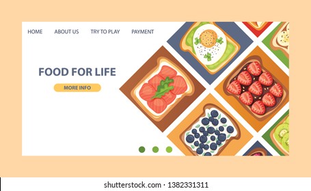 Toast vector landing page sandwich healthy toasted food with bread vegetables fruits egg snack for breakfast web-page illustration backdrop with sliced tomato and cut sausages web site background.