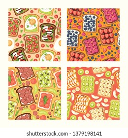 Toast vector seamless pattern sandwich healthy toasted food with bread vegetables and fruits or egg snack for breakfast illustration backdrop with sliced tomato and cut sausages background.