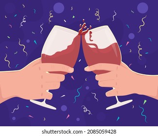 Toast with wine glasses for anniversary flat color vector illustration. Raising glassware with alcoholic drinks. Celebrating holiday 2D cartoon first view hand with abstract background