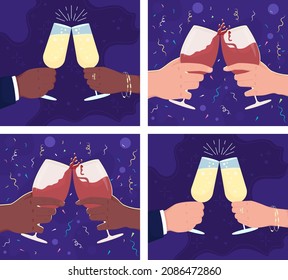 Toast with wine glasses flat color vector illustration set. Raising glassware with alcoholic drinks. Celebrating anniversary 2D cartoon first view hand with abstract background collection