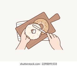 Toasted bagel with cream cheese. Female spread cream cheese on a bagel. Top view. Hand drawn style vector design illustrations.