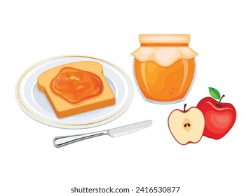 Toasted bread with apple jam vector illustration. Toast on a plate and apple jam breakfast still life vector. Jam jar with apples and slice of bread icon set on a white background