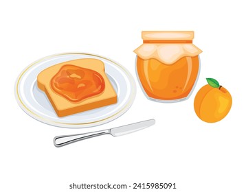 Toasted bread with apricot jam vector illustration. Toast on a plate and apricot jam breakfast still life vector. Jam jar with apricot and slice of bread icon set isolated on a white background