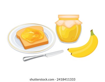 Toasted Brot mit Bananenmarmelade Vektorgrafik. Toast auf einem Teller und Bananenmarmelade Frühstück noch lebendige Vektorgrafik. Konfitüre mit Bananenfrucht und Scheibe Brotsymbol auf weißem Hintergrund