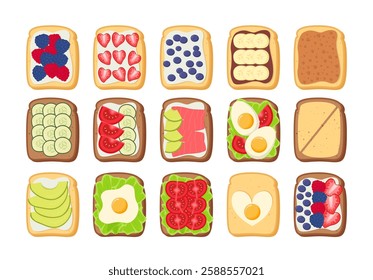 Toasted Bread Big Collection. Sandwiches with Different Toppings Set.