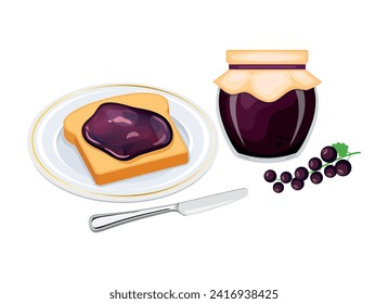 Toasted bread with black currant jam vector illustration. Toast on a plate and black currant jam breakfast still life vector. Jam jar with black berries and slice of bread icon set on white background