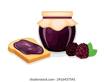Toasted bread with blackberry jam vector illustration. Toast and blackberry jam breakfast still life vector. Jam jar with blackberries and slice of bread icon isolated on a white background