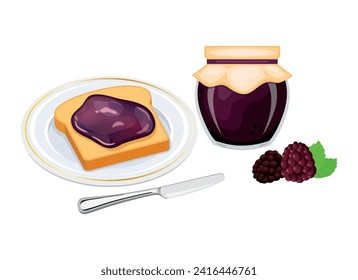 Toasted bread with blackberry jam vector illustration. Toast on a plate and blackberry jam breakfast still life vector. Jam jar with blackberries and slice of bread icon set on a white background