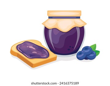Toasted bread with blueberry jam vector illustration. Toast and blueberry jam breakfast still life vector. Jam jar with blueberries and slice of bread icon isolated on a white background