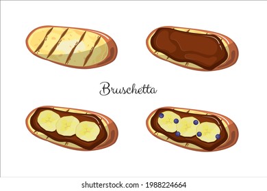 Toasted bread chocolate and banana slice on top for breakfast, butter jam isolated over white background