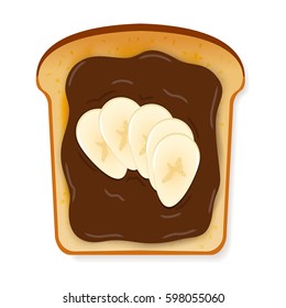 Toasted bread chocolate and banana slice on top for breakfast, butter jam isolated over white background.