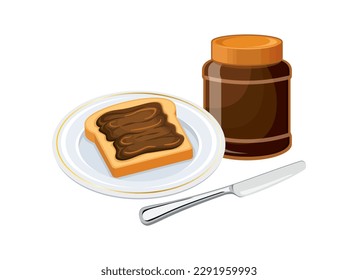 Toasted bread with chocolate spread icon vector. Chocolate spread jar vector isolated on a white background. Chocolate sandwich illustration. Sweet breakfast still life