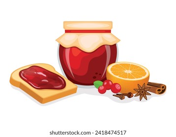 Toasted bread with christmas jam vector illustration. Toast and christmas jam with cranberries, cinnamon, orange and spices vector. Jam jar and slice of bread icon isolated on a white background