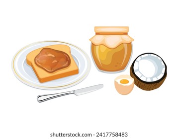 Toasted bread with coconut jam vector illustration. Toast on a plate, halved coconut, egg still life vector. Jam jar with coconut and slice of bread icon set on a white background