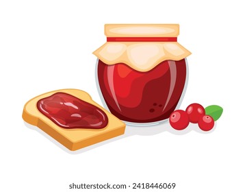 Toasted bread with cranberry jam vector illustration. Toast and cranberry jam breakfast still life vector. Jam jar with cranberries berry fruit and slice of bread icon isolated on a white background