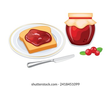 Toasted bread with cranberry jam vector illustration. Toast on a plate and cranberry jam breakfast still life. Jam jar with cranberries berry fruit and slice of bread icon set on a white background