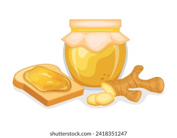 Toasted bread with ginger jam vector illustration. Toast and ginger jam breakfast still life vector. Jam jar with ginger root and slice of bread icon isolated on a white background