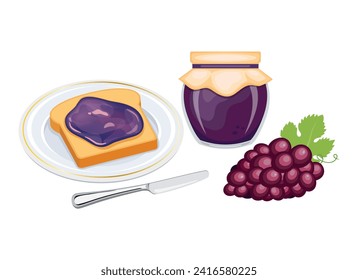 Pan tostado con ilustración vectorial de mermelada de uva. Tostadas en un plato y desayuno de mermelada de uva aún vector de vida. Frasco de mermelada con uva roja y rebanada del icono del pan sobre un fondo blanco