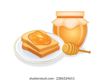 Toasted bread with honey vector illustration. Toast and honey breakfast still life vector. Jar of honey and honey dipper icon set isolated on a white background