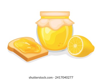 Toasted bread with lemon jam vector illustration. Toast and lemon curd breakfast still life vector. Jam jar with lemons and slice of bread icon isolated on a white background