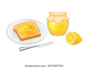 Toasted bread with lemon jam vector illustration. Toast on a plate and lemon curd breakfast still life vector. Jam jar with lemons and slice of bread icon set on a white background