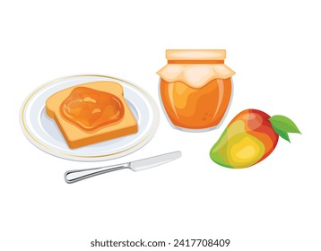 Toasted bread with mango jam vector illustration. Toast on a plate and mango jam breakfast still life vector. Jam jar with mango fruit and slice of bread icon set on a white background