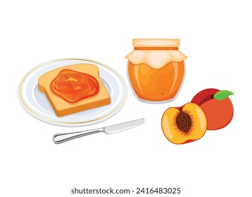 Toasted bread with peach jam vector illustration. Toast on a plate and peach jam breakfast still life vector. Jam jar with peaches and slice of bread icon set on a white background