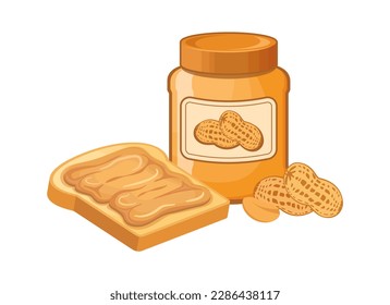 Pan tostado con un vector de icono de mantequilla de cacahuete. Frasco de mantequilla de cacahuete y vector de pan esparcido aislado en un fondo blanco. Ilustración del sándwich de mantequilla de cacahuate